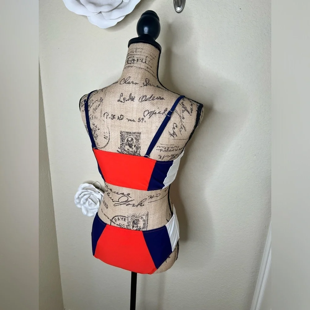 Cupshe Colorblock Bikini Set Orange Blue White Mid Rise Swim Size M - Picture 12 of 16